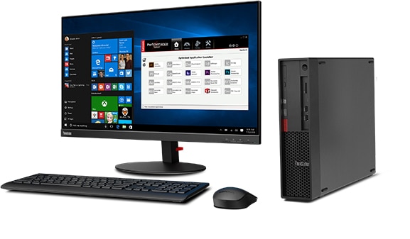Lenovo ThinkStation P330 SFF workstation showing Windows 10 Pro on the monitor, and positioned with keyboard and mouse. 