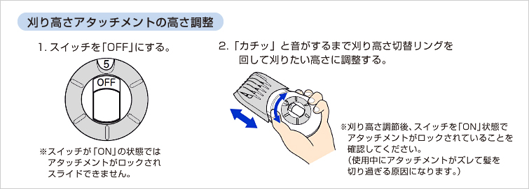 刈り高さアタッチメントの高さ調整。1.スイッチを「OFF」にする※スイッチが「ON」の状態ではアタッチメントがロックされスライドできません。2.「カチッ」と音がするまで刈り高さ切替リングを回して刈りたい高さに調整する。※刈り高さ調節後、スイッチを「ON」状態でアタッチメントがロックされていることを確認してください。（使用中にアタッチメントがズレて髪を切り過ぎる原因になります。）