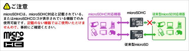 ご注意 SDHCメモリーカードは、SDHCメモリーカード対応と記載されている、または、SDHCロゴが表示されている機器でのみ使用可能です。記載のない機器ではご使用いただけませんので、事前にご確認下さい。