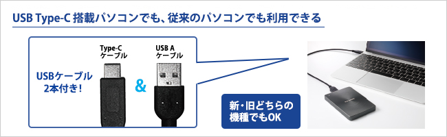 新旧どちらのパソコンでも使えるケーブル2本添付