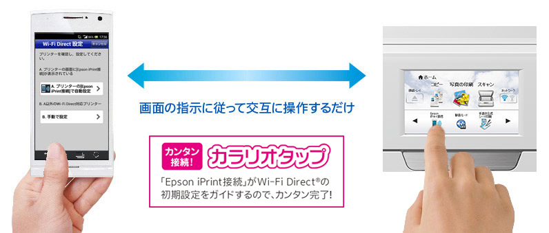 画面の指示に従って交互に操作するだけ カンタン接続！カラリオタップ 「Epson iPrint接続」がWi-Fi Direct®の初期設定をガイドするので、カンタン完了！