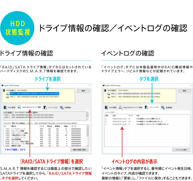 ドライブ情報の確認／イベントログの確認