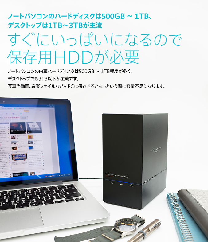 ノートパソコンのハードディスクは500GB  1TB、デスクトップは1TB?3TBが主流 すぐにいっぱいになるので保存用HDDが必要