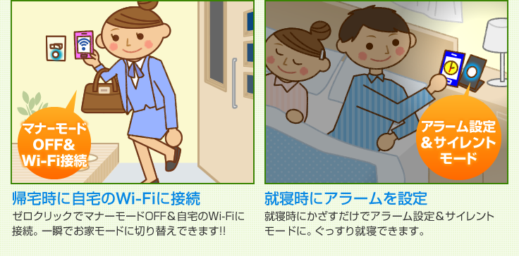 帰宅時に自宅のWi-Fiに接続　就寝時にアラームを設定