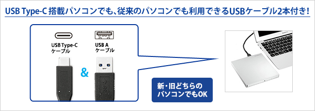 USB Type-Cコネクター搭載パソコンでも、従来のパソコンでも利用できるUSBケーブル2本付き