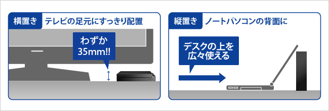 縦置き・横置き両対応のコンパクト設計