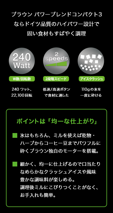 ブラウン パワーブレンドコンパクト3ならドイツ品質のハイパワー設計で固い食材もすばやく調理 W数/回転数 240ワット、22,100回転 ５段階スピード+ターボ 低速/高速ボタンで食材に適した アイスクラッシュ 110gの氷を一度に砕ける ポイントは「均一な仕上がり」 氷はもちろん、ミルを使えば乾物・ハーブからコーヒー豆までパワフルに砕くブラウン独自のモーターを搭載。細かく、均一に仕上げるので口当たりなめらかなクラッシュアイスや風味豊かな調味料が楽しめる。調理後ミルにこびりつくことがなく、お手入れも簡単。