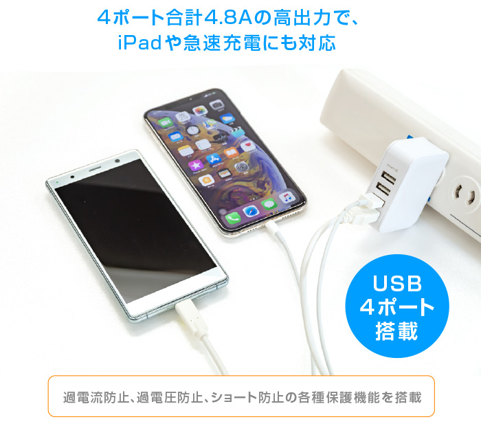 4ポート合計4.8Aの高出力で、iPadや急速充電にも対応