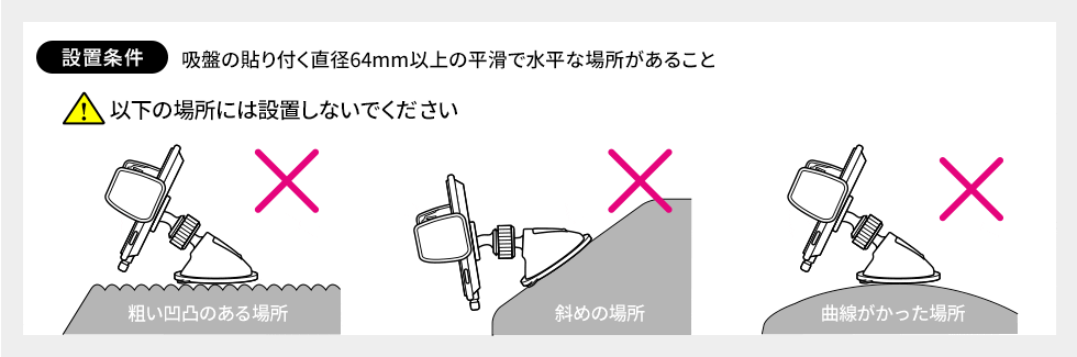 設置条件　吸盤の張り付く直径64mm以上の平滑で水平な場所があること