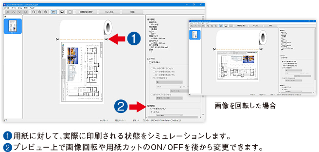 ドライバープレビュー機能　①用紙に対して、実際に印刷される状態をシミュレーションします。　②プレビュー上で画像回転や用紙カットのON/OFFを後から変更で熊須