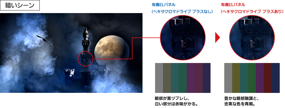 有機ELパネル（ヘキサクロマドライブプラスあり）なら豊かな暗部階調と忠実な色を再現