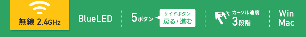 無線2.4GHz　BlueLED　5ボタン　カーソル速度3段階　Windows Mac