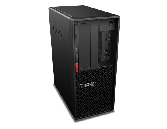 Lenovo ThinkStation P330 Tower, front left side high angle view.
