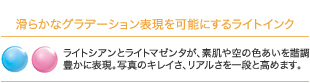 滑らかなグラデーション表現を可能にするライトインク　ライトシアンとライトマゼンダが、素肌ｙ空の色あいを調整、豊かに表現。　写真のキレイさリアルさを一段と高めます。