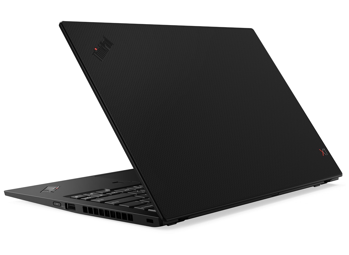 Lenovo ThinkPad X1 Carbon open 90 degrees, slightly angled to show right-side ports.