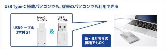 新旧どちらのパソコンでも使えるケーブル2本添付