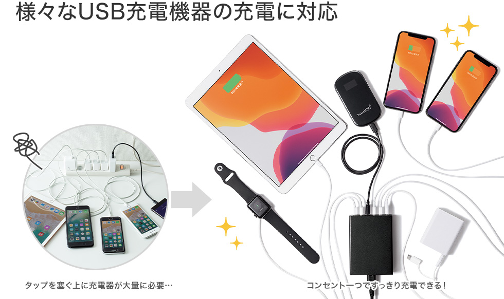 様々なUSB充電機器の充電に対応