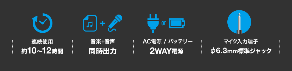 連続使用約10〜12時間 音楽＋音声同時出力 AC充電器とバッテリーの2WAY電源 マイク入力端子6.3mm標準ジャック