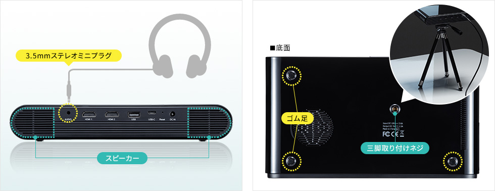 スピーカー搭載・ヘッドホン対応 ゴム足・三脚取り付けネジ付き