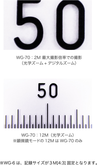 WG-70：2M 最大撮影倍率での撮影（光学ズーム+デジタルズーム）WG-70：12M（光学ズーム）※顕微鏡モードの12MはWG-70のみ