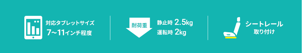 対応タブレットサイズ　7〜11インチ程度　耐荷重　静止時2.5kg　運転時2kg　シートレール取り付け