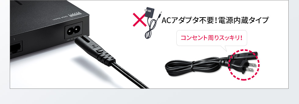 ACアダプタ不要　電源内蔵タイプ　コンセント周りスッキリ