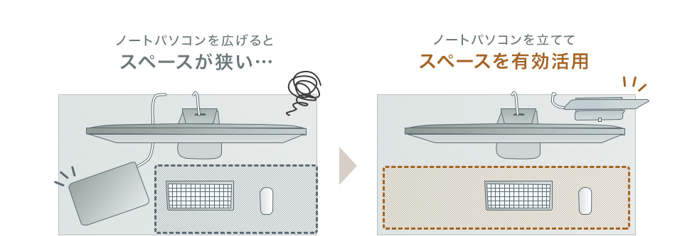 ノートパソコンを広げるとスペースが狭い ノートパソコンを立ててスペースを有効活用