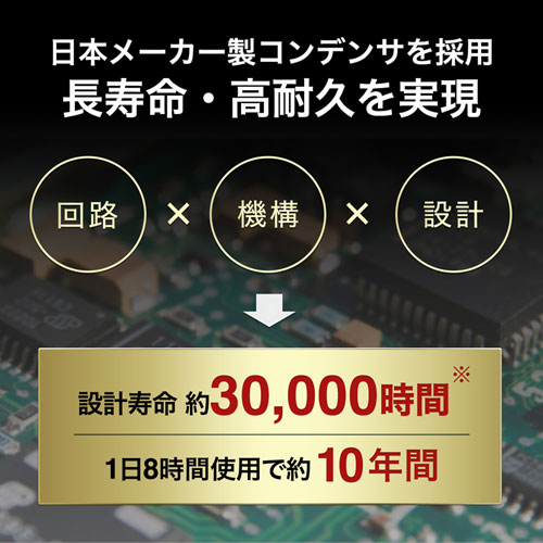 日本メーカー製コンデンサを採用 長寿命・高耐久を実現 設計寿命 約30,000時間※ 1日8時間使用で約10年間