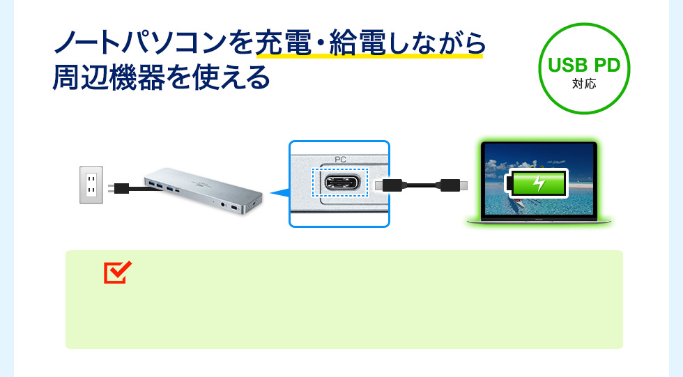 ノートパソコンを充電・給電しながら周辺機器を使える USB PD対応