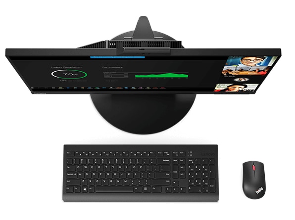 Top view of Lenovo ThinkCentre TIO 27 with mouse and keyboard