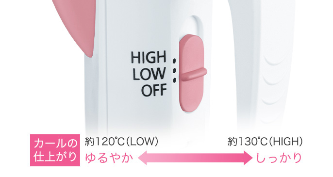 カールの仕上がり〈ゆるやか:約120℃(LOW)〉〈しっかり:約130℃(HIGH)〉