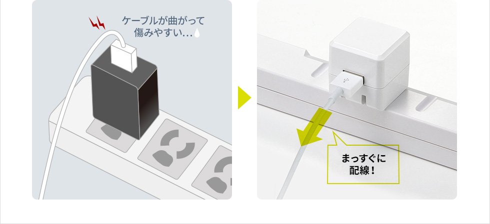 ケーブルが曲がって傷みやすい…　まっすぐに配線！