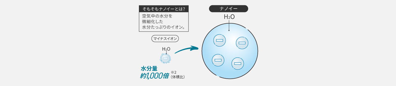 そもそもナノイーとは?空気中の水分を微細化した水分たっぷりなイオン。
