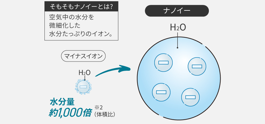 そもそもナノイーとは?空気中の水分を微細化した水分たっぷりなイオン。