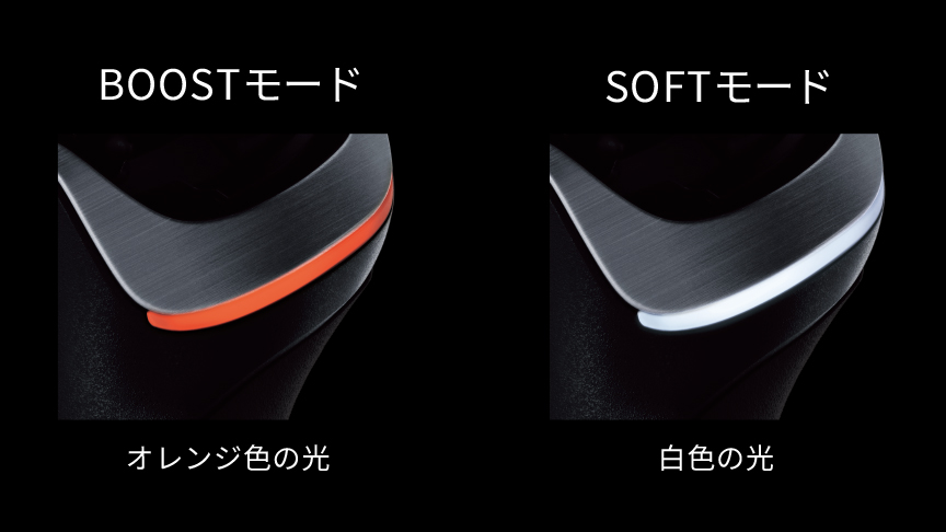 BOOSTモード オレンジ色の光、SOFTモード 白色の光