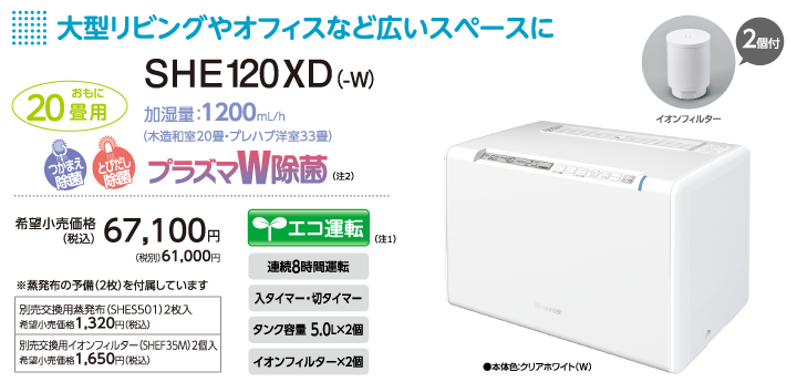 (注1)環境条件、運転条件により連続加湿時間は異なります。(注2)ウイルスの抑制・除菌の試験方法・結果については、下記の主な特長「プラズマW除菌」をご覧ください。