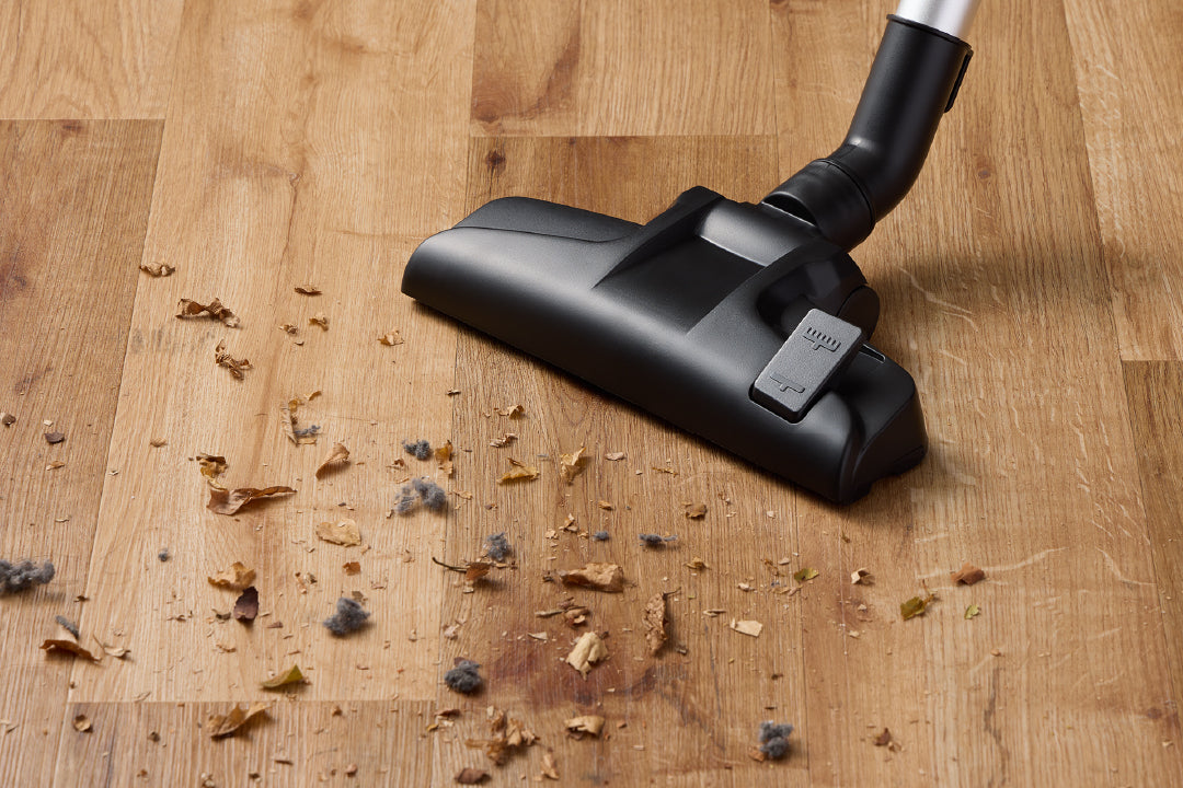 お店やオフィスの床に落ちた枯れ葉やごみをパワフルに吸い込む大容量クリーナーの使用イメージ