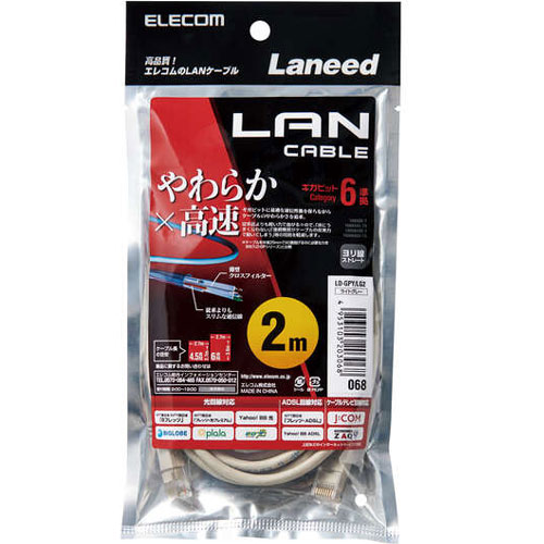 LD-GPY/LG2 [CAT6準拠 GigabitやわらかLANケーブル 2m(ライトグレー)]