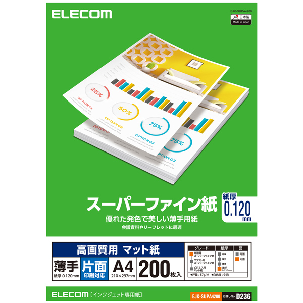 エレコム EJK-SUPA4200 [スーパーファイン紙/高画質用/薄手/片面/A4/200枚]