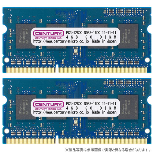 センチュリーマイクロ CK4GX2-SOD3U1600H [8GB kit (4GBx2) DDR3-1600 (PC3-12800) Unbuffered SO-DIMM Single RANK 512Mx8]