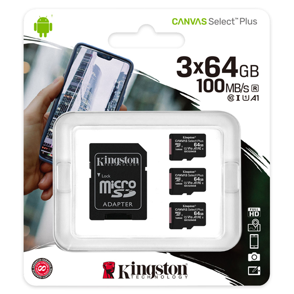 キングストン Kingston Canvas Select MicroSDXC SDCS2/64GB-3P1A [64GBx3 microSDXCカード CL10 UHS-1 U1 AD付]