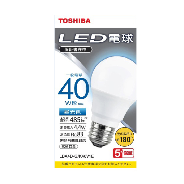 東芝 LDA4D-G/K40V1E [LED電球 A形E26 180度 40W相当 昼光色]