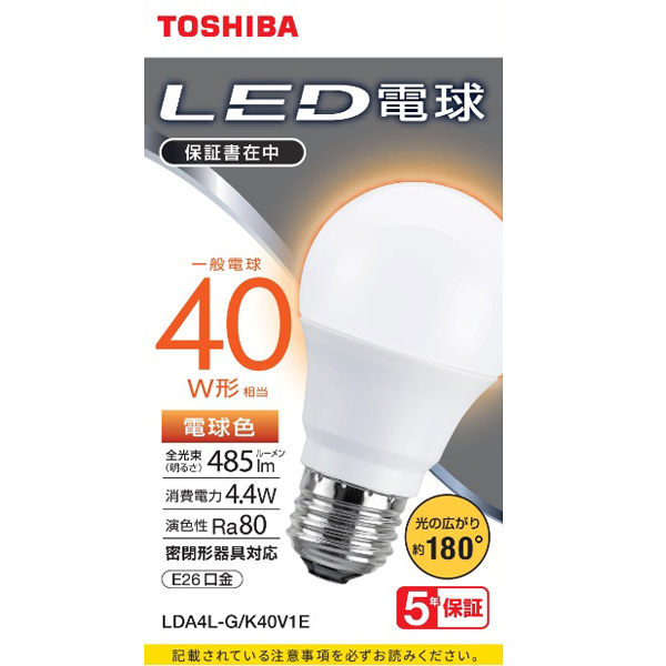 東芝 LDA4L-G/K40V1E [LED電球 A形E26 180度 40W相当 電球色]