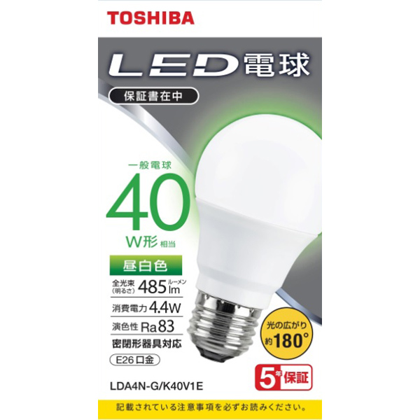 東芝 LDA4N-G/K40V1E [LED電球 A形E26 180度 40W相当 昼白色]