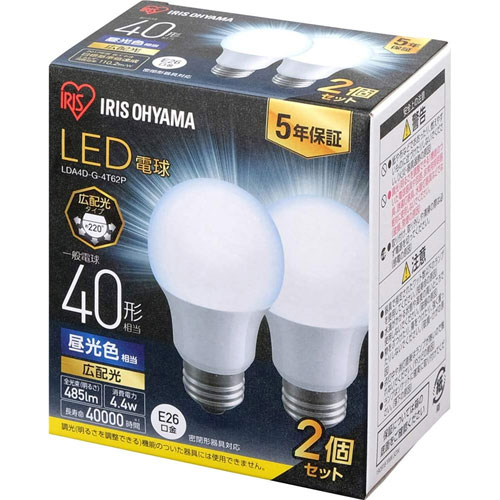 アイリスオーヤマ LDA4D-G-4T62P [LED電球 E26 広配光 40形 昼光色 2個セット]