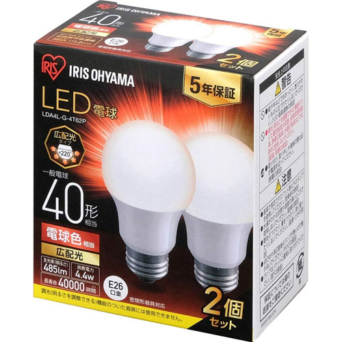 アイリスオーヤマ LDA4L-G-4T62P [LED電球 E26 広配光 40形 電球色 2個セット]