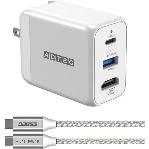 アドテック APD-V034ACH-WH [4K 出力対応 PD充電器 最大34.5W Type-C、Type-A、HDMI Type-C ケーブル付属 ホワイト]