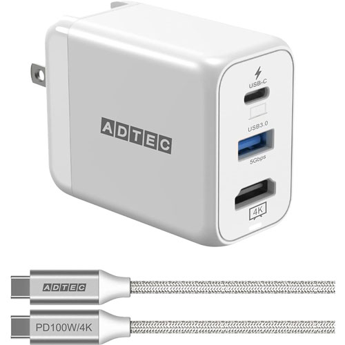 APD-V034ACH-WH [4K 出力対応 PD充電器 最大34.5W Type-C、Type-A、HDMI Type-C ケーブル付属 ホワイト]