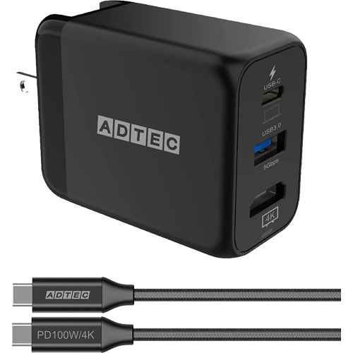 アドテック APD-V034ACH-BK [4K 出力対応 PD充電器 最大34.5W Type-C、Type-A、HDMI Type-C ケーブル付属 ブラック]