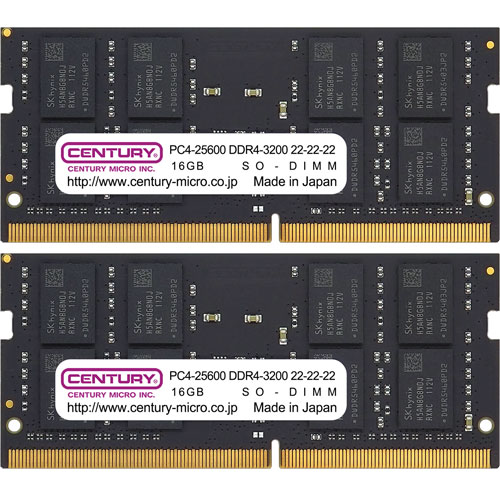 センチュリーマイクロ CB16GX2-SOD4U3200 [32GB kit (16GBx2) DDR4-3200 (PC4-25600) Unbuffered SO-DIMM 260pin Dual Rank]